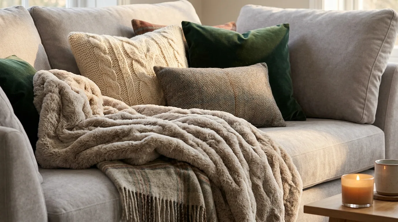 Use candles to add glow without harshness inspiration for a winter living room.